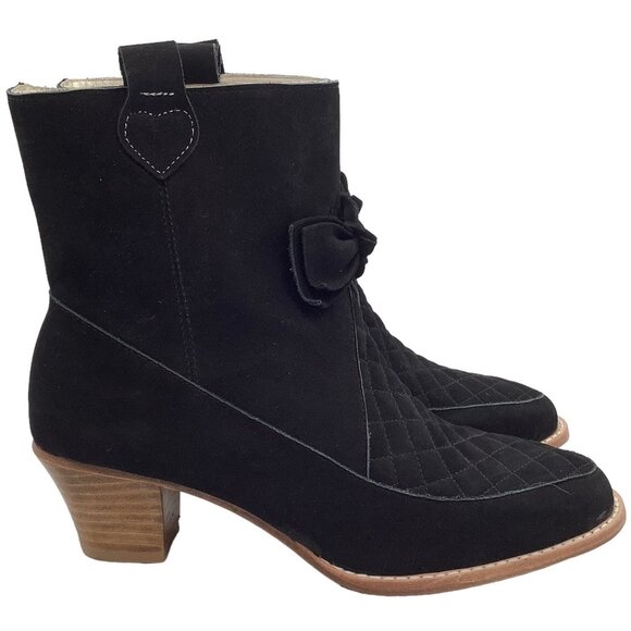 F TROUPE London 37 Quilted Suede Heeled Boots US 6.5 - 7 Bow Ankle Block Heel - Picture 2 of 10
